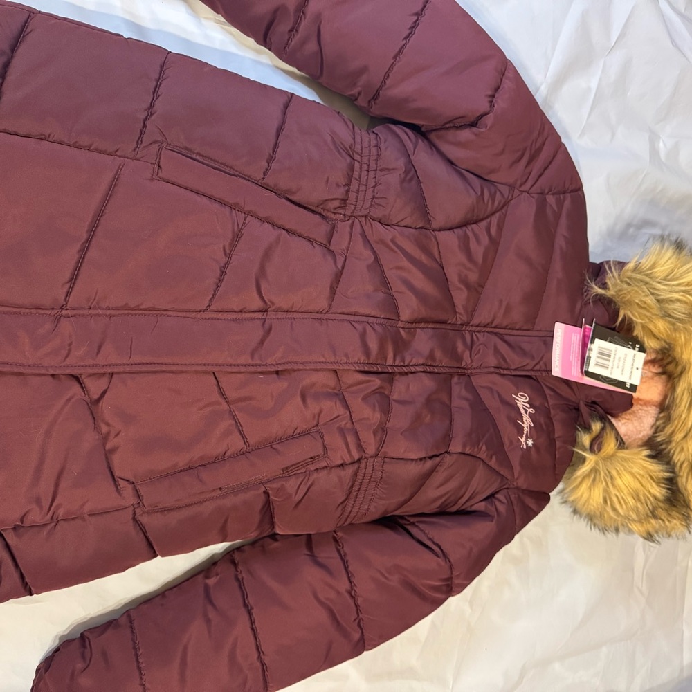 Weatherproof Maroon Puffer Jacket with Faux Fur Hood